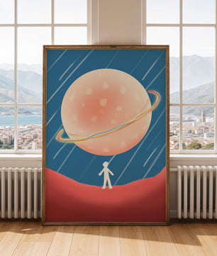 Illustration Of A Large Planet Against A Stardust Background With A Small Figure In The Foreground