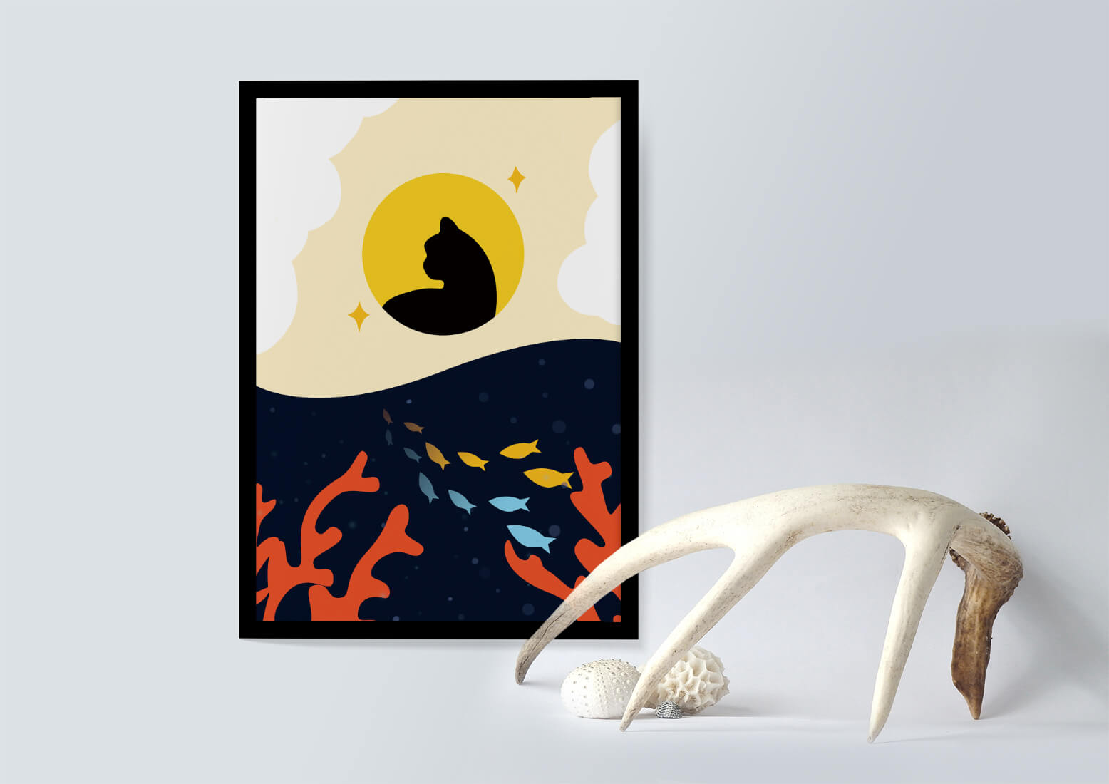 Ruhiges abstraktes Design mit Katzensilhouette und lebendiger Unterwasserszene