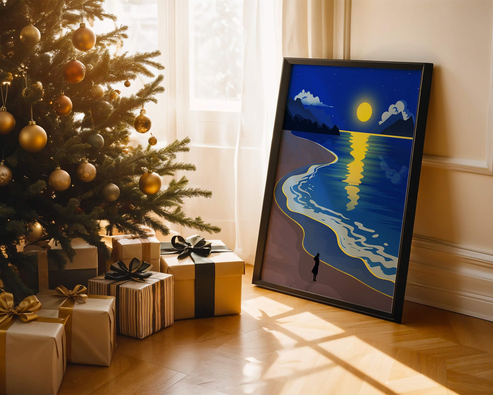 Moonlit Beach with Mountains and Reflections Under Night Sky