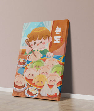 Festive cartoon illustration of a child enjoying dumplings during winter solstice