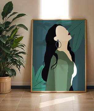 Stylized artwork of a woman with dark hair and earrings against a tropical leaf backdrop