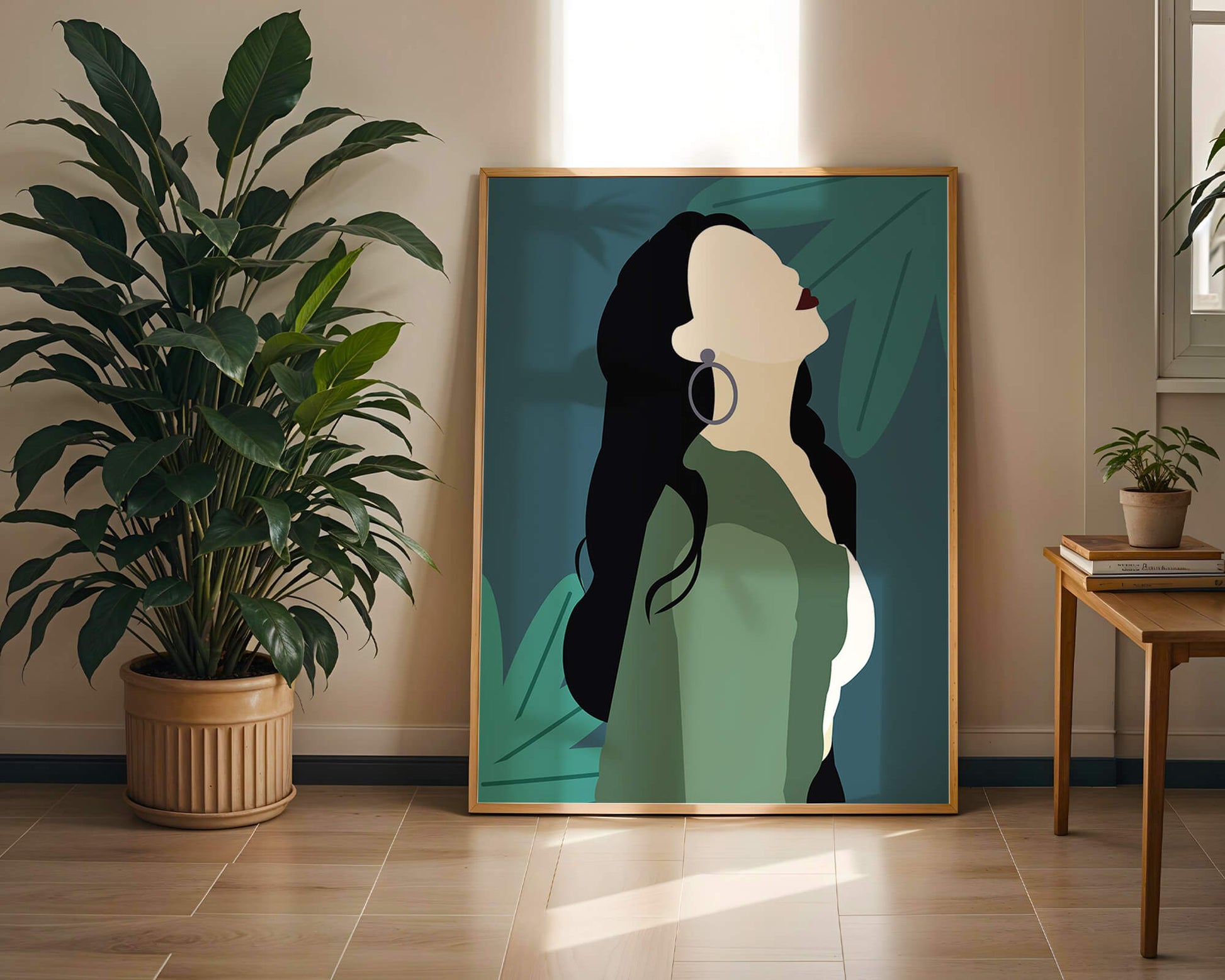 Stylized artwork of a woman with dark hair and earrings against a tropical leaf backdrop