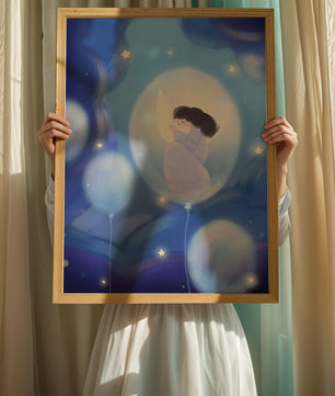 Dreamlike night sky with a girl on a moon enveloped by stars and balloons