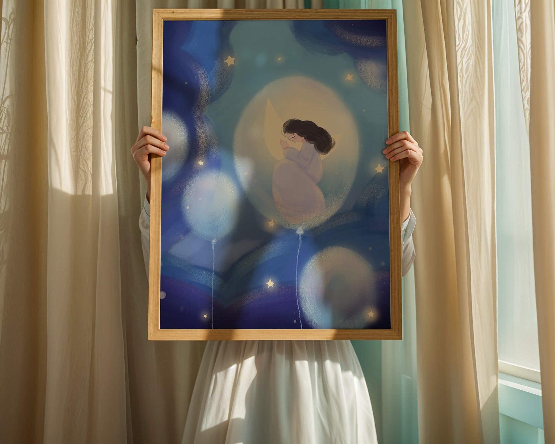 Dreamlike night sky with a girl on a moon enveloped by stars and balloons