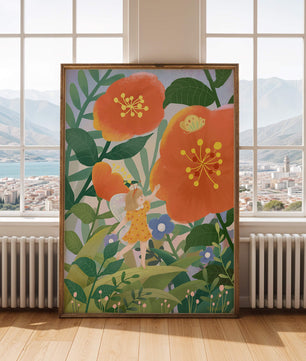 Whimsical illustration of a fairy child in a vibrant floral landscape