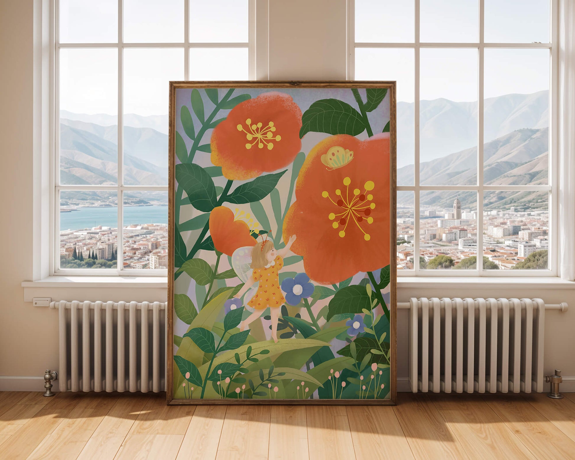 Whimsical illustration of a fairy child in a vibrant floral landscape