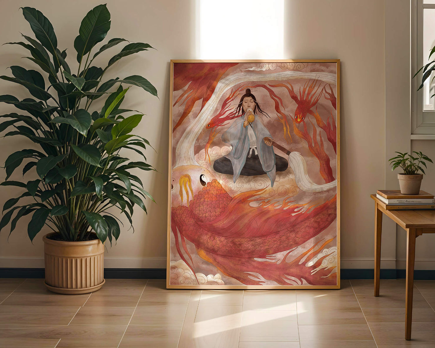 Serene meditation with mystical elements and mythical creatures
