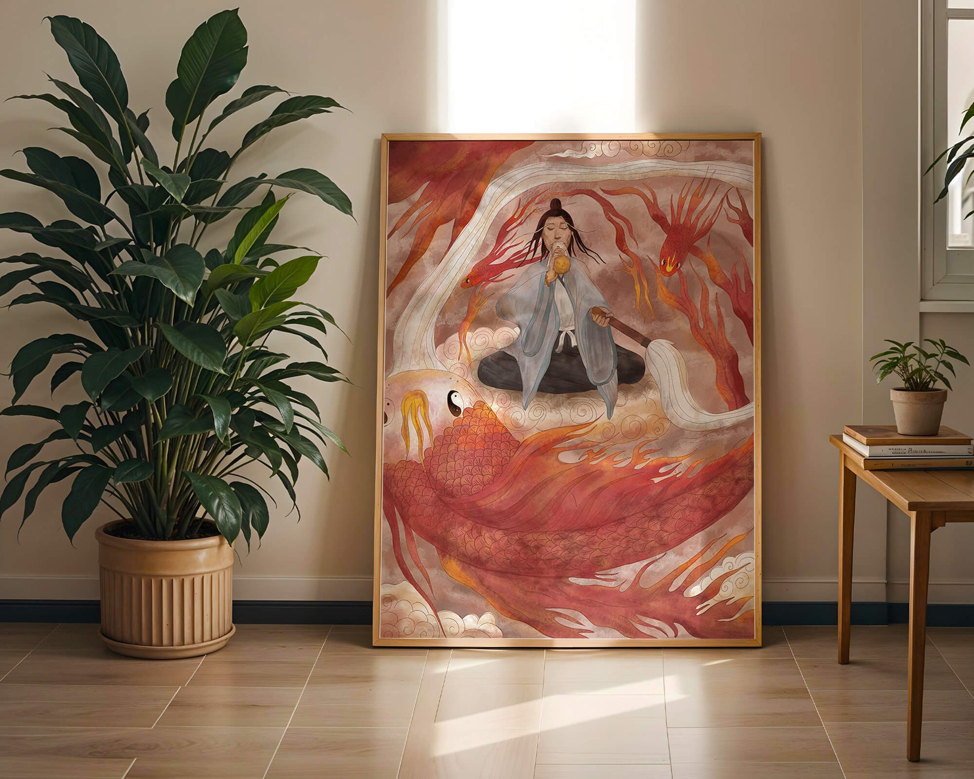 Serene meditation with mystical elements and mythical creatures