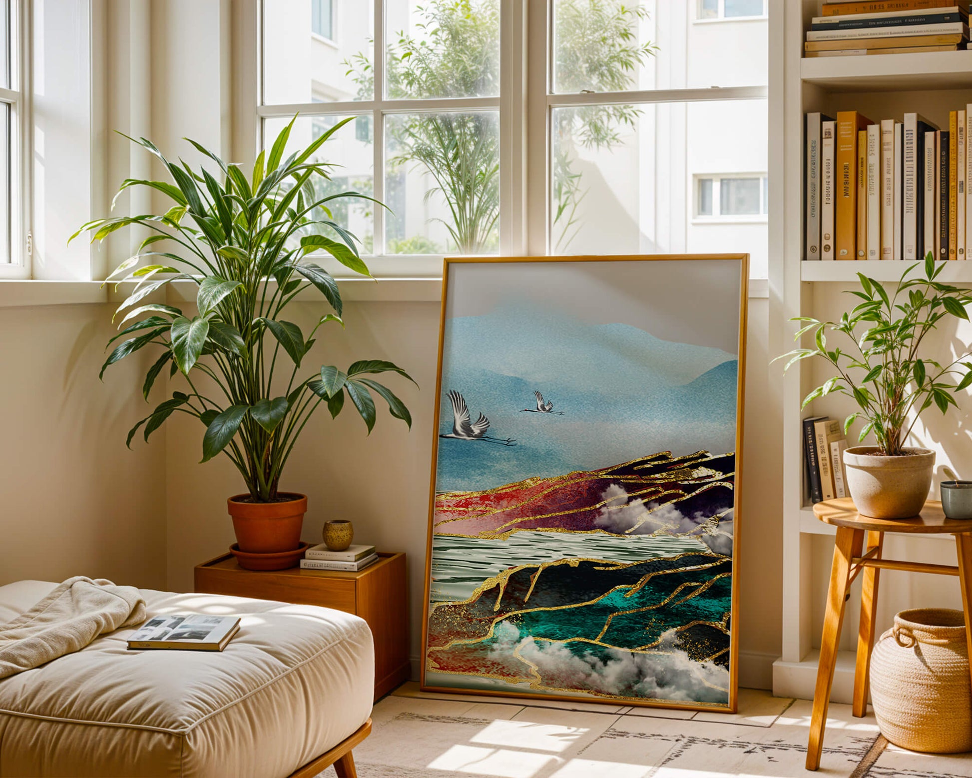 Majestic Landscape With Flying Cranes And Golden Accents