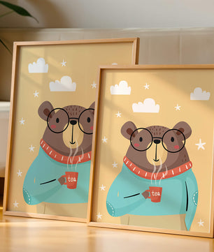 Illustration of a bear with glasses holding a tea cup against a starry background