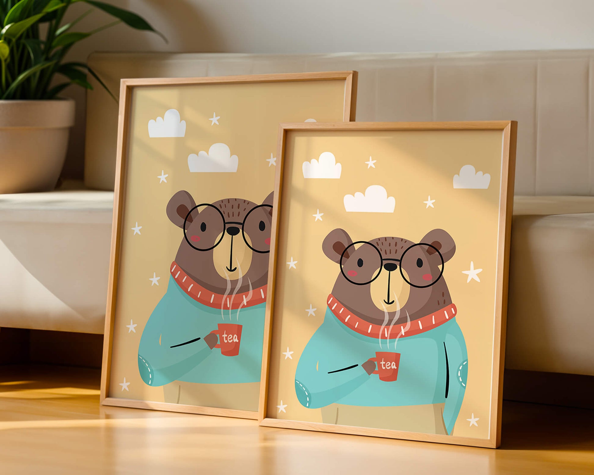 Illustration of a bear with glasses holding a tea cup against a starry background