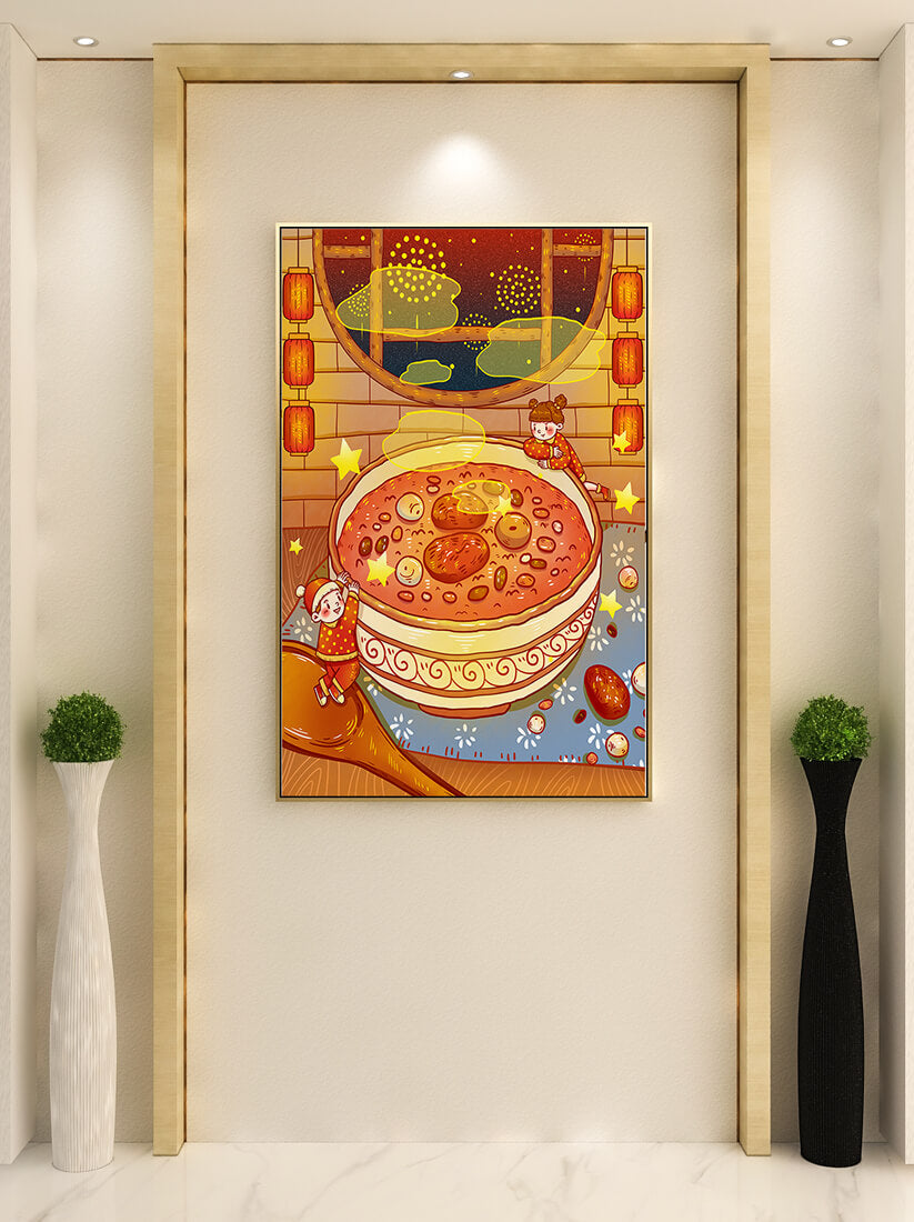 Cozy festive scene with children, a large bowl of soup, and lanterns