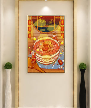 Scène festive et chaleureuse avec des enfants, un grand bol de soupe et des lanternes