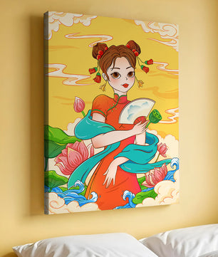 Ilustración oriental que presenta a una chica con atuendo tradicional, un abanico y flores de loto