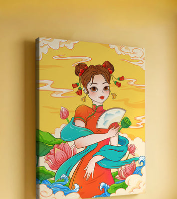 Oriental illustration featuring a girl in traditional attire with a fan and lotus flowers