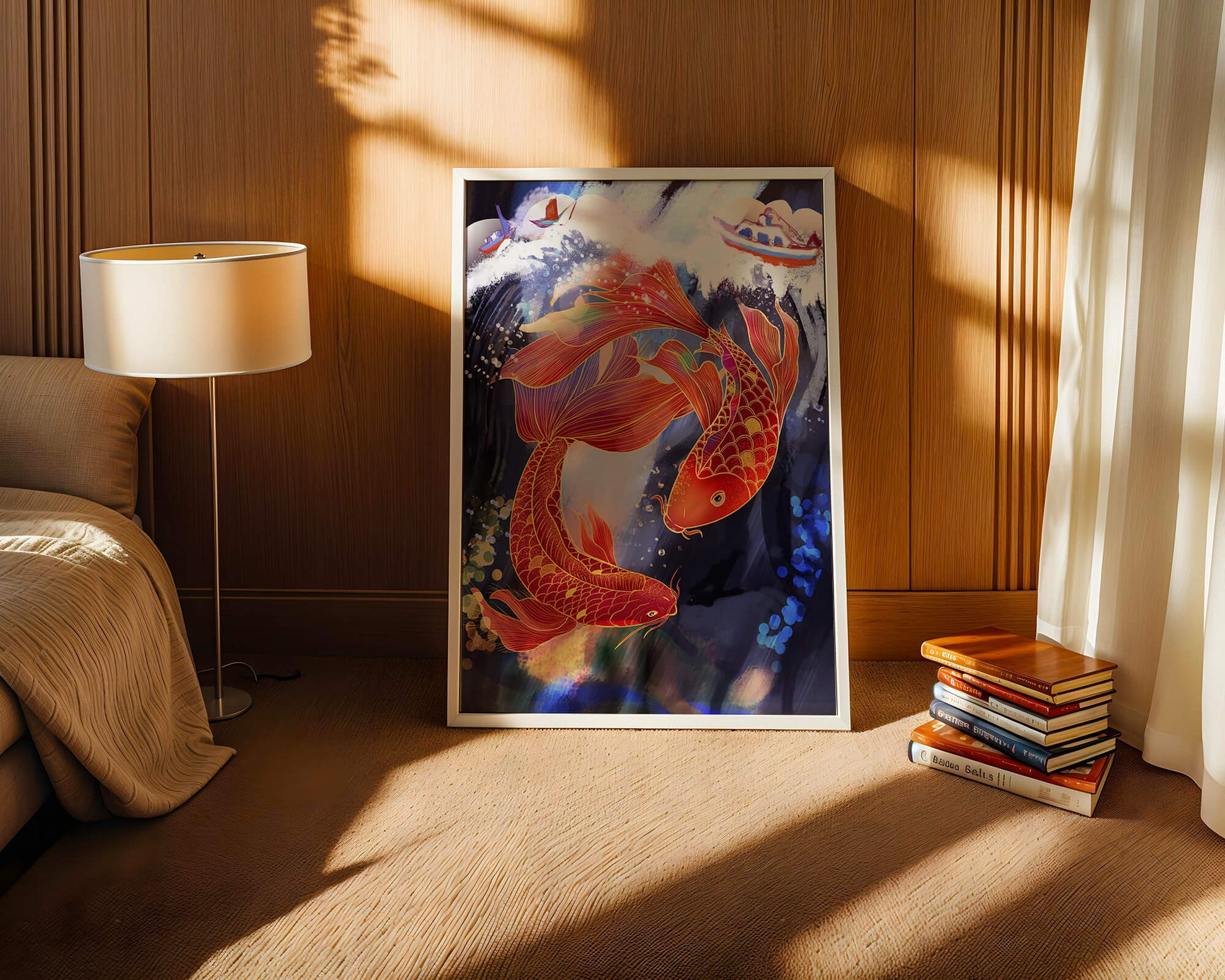 Representación artística de peces koi nadando con barcos en colores vibrantes.