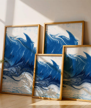 Pintura abstracta de ola oceánica azul y blanca con patrones giratorios