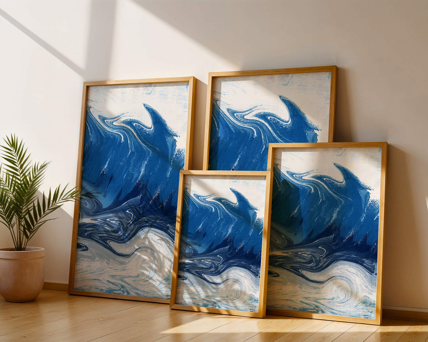 Abstract blue and white ocean wave painting with swirling patterns