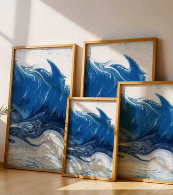 Abstract blue and white ocean wave painting with swirling patterns