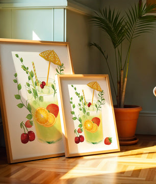 Refreshing summer drink illustration with fruits and greenery