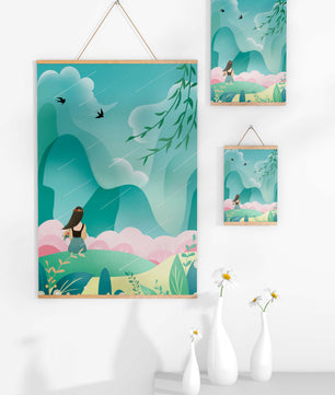 Peaceful landscape with a girl and nature elements