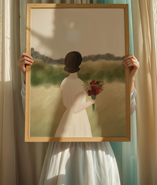 Woman in White Dress Holding Bouquet Facing Nature