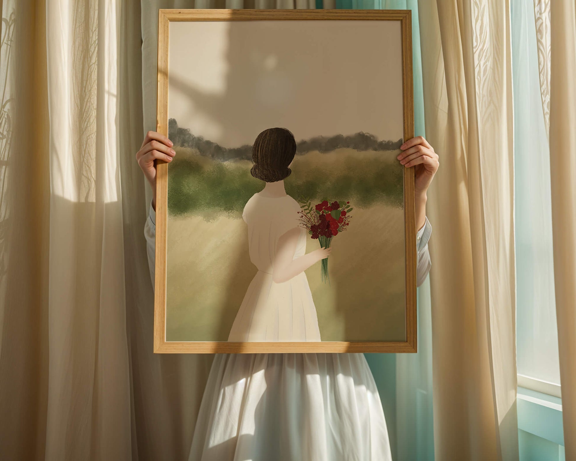 Woman in White Dress Holding Bouquet Facing Nature