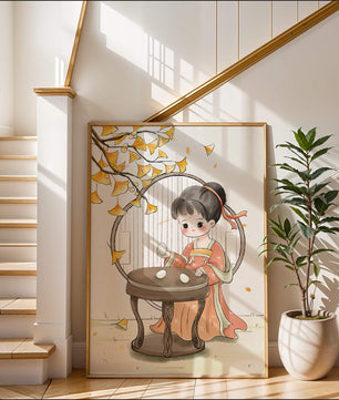 Charmante illustration d'une fille en tenue traditionnelle avec des feuilles de ginkgo