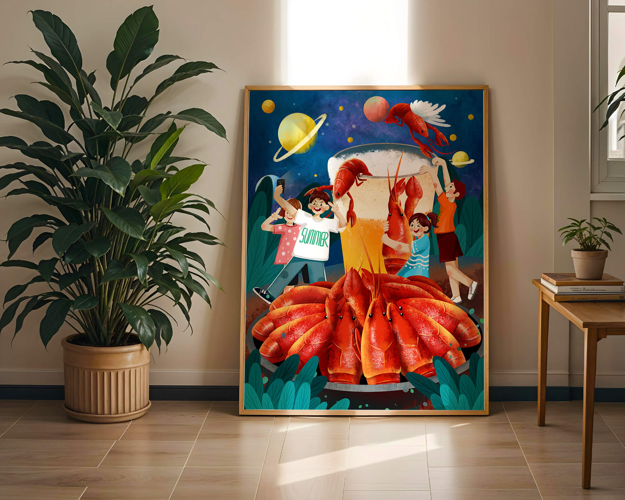 Fantasy illustration with cosmic lobsters and friends enjoying a summer feast