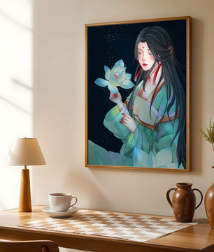 Elegant Woman Holding Glowing Lotus in Tranquil Nightscape