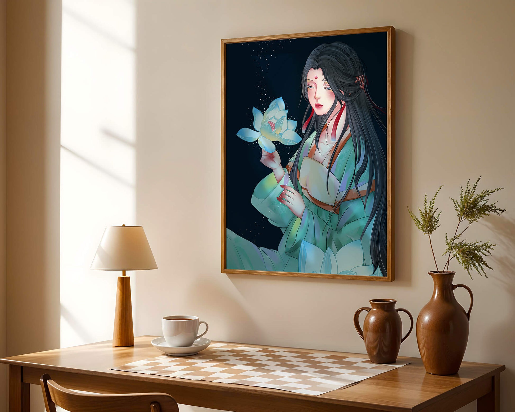 Elegant Woman Holding Glowing Lotus in Tranquil Nightscape