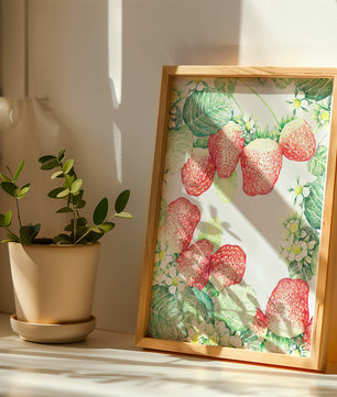 Ilustración de fresas y flores con hojas verdes exuberantes