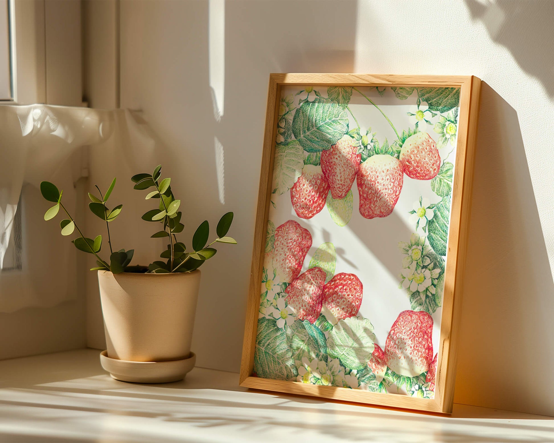 Illustration of strawberries and flowers with lush green leaves