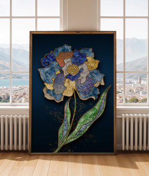 Diseño floral texturizado y colorido con contornos dorados sobre fondo oscuro