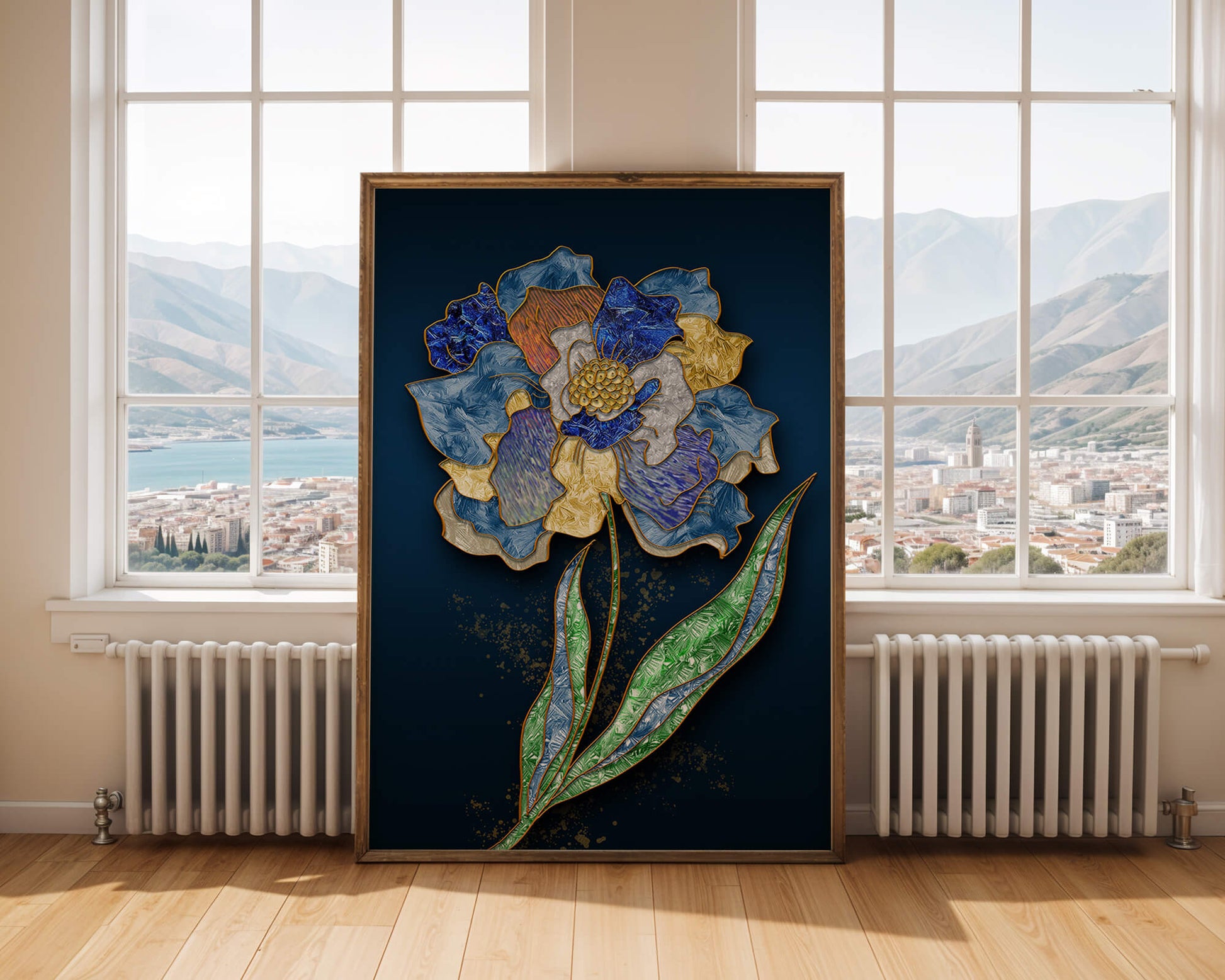 Diseño floral texturizado y colorido con contornos dorados sobre fondo oscuro