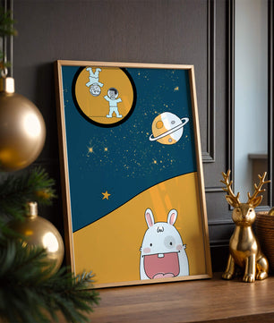 Playful Cartoon of Astronauts and Rabbit with Planet and Stars - Mi tienda