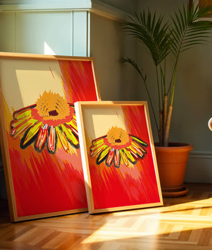 Abstract vibrant flower illustration with bold colors and dynamic strokes