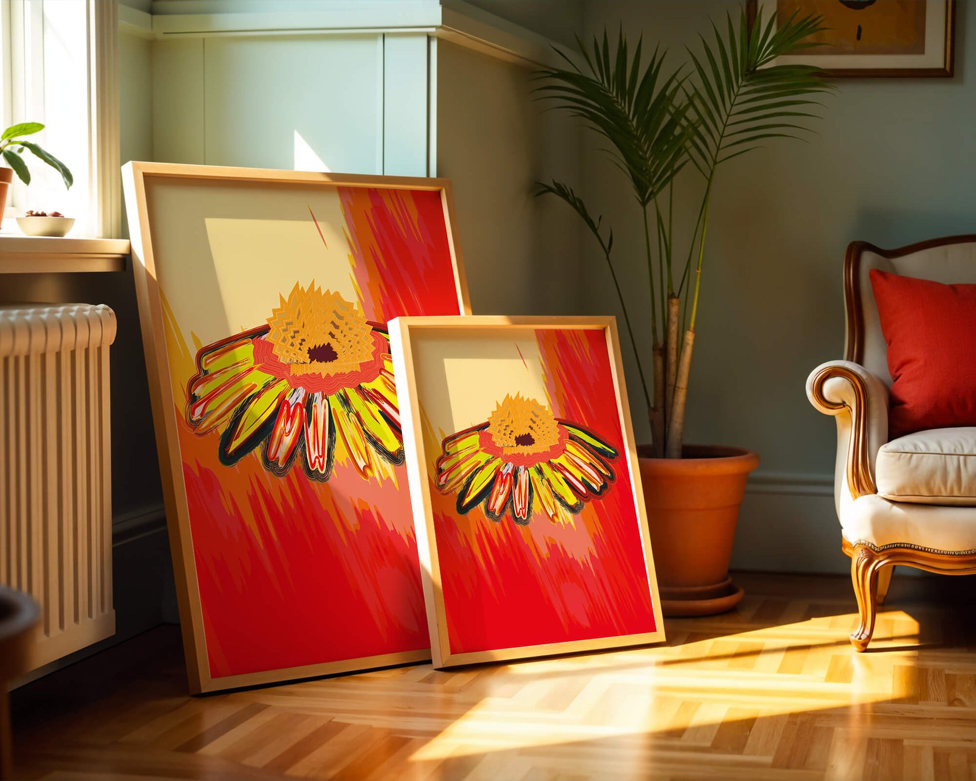 Abstract vibrant flower illustration with bold colors and dynamic strokes