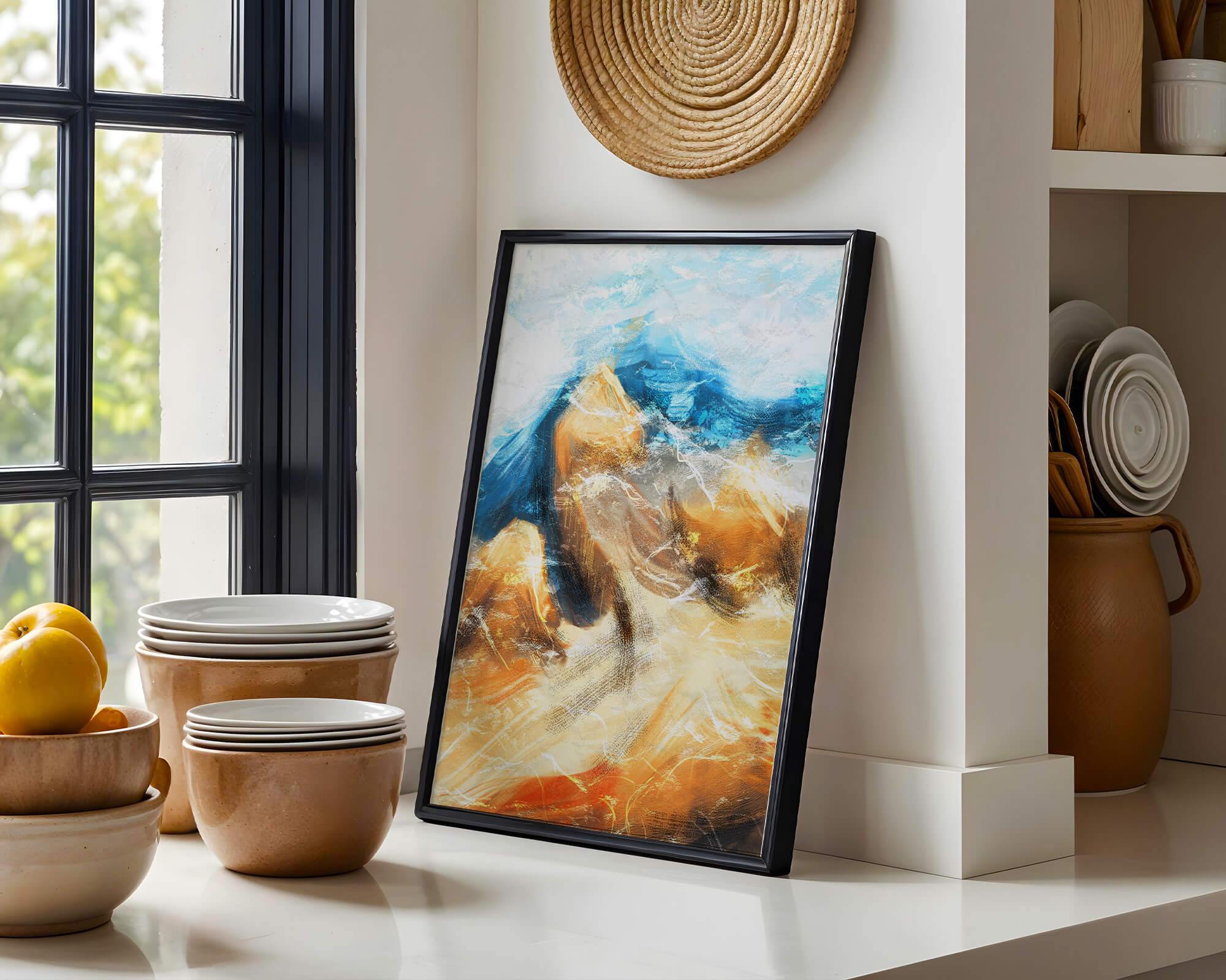 Abstract landscape with blue and golden hues