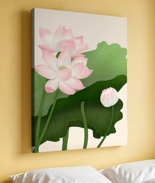 Delicate pink lotus flowers with verdant green leaves