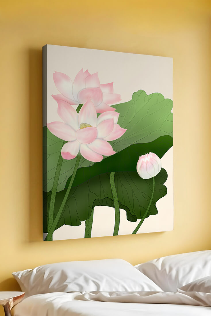 Delicate pink lotus flowers with verdant green leaves