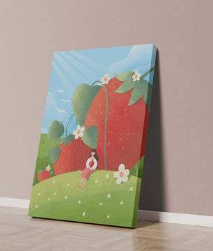 Paysage serein avec d'énormes fraises et une femme dans une prairie en fleurs