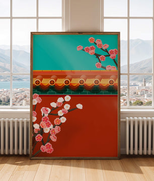 Arquitectura asiática tradicional con cerezos en flor