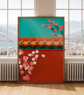 Traditional Asian architecture with cherry blossoms