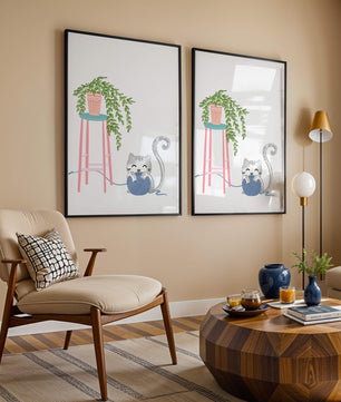 Cat Playing with Yarn Beside a Potted Plant on Pink Stool - Mi tienda
