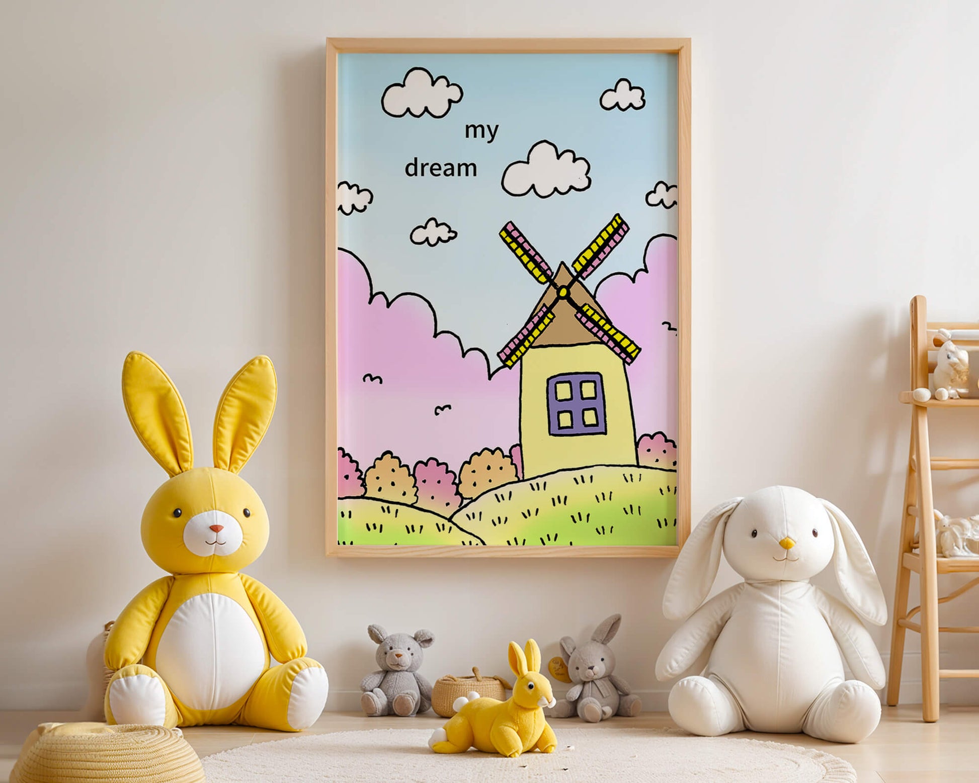 Windmill in a pastel landscape with fluffy clouds and bushes