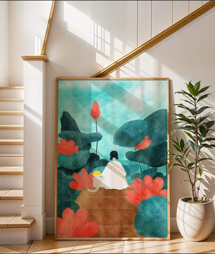 Serene scene with a person and cat among large leaves and flowers