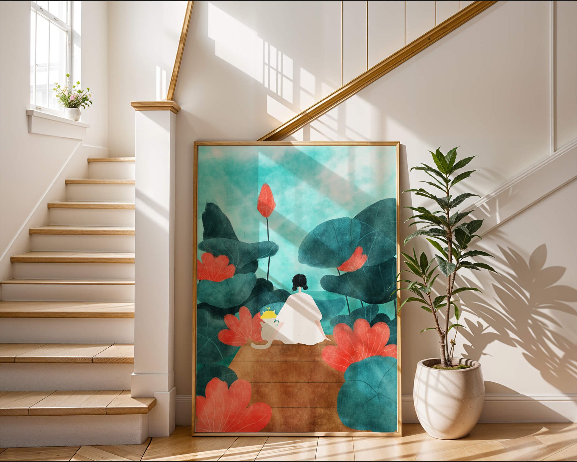 Serene scene with a person and cat among large leaves and flowers
