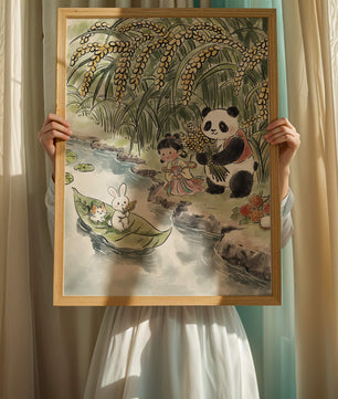 Escena caprichosa con un panda y un conejo junto al río