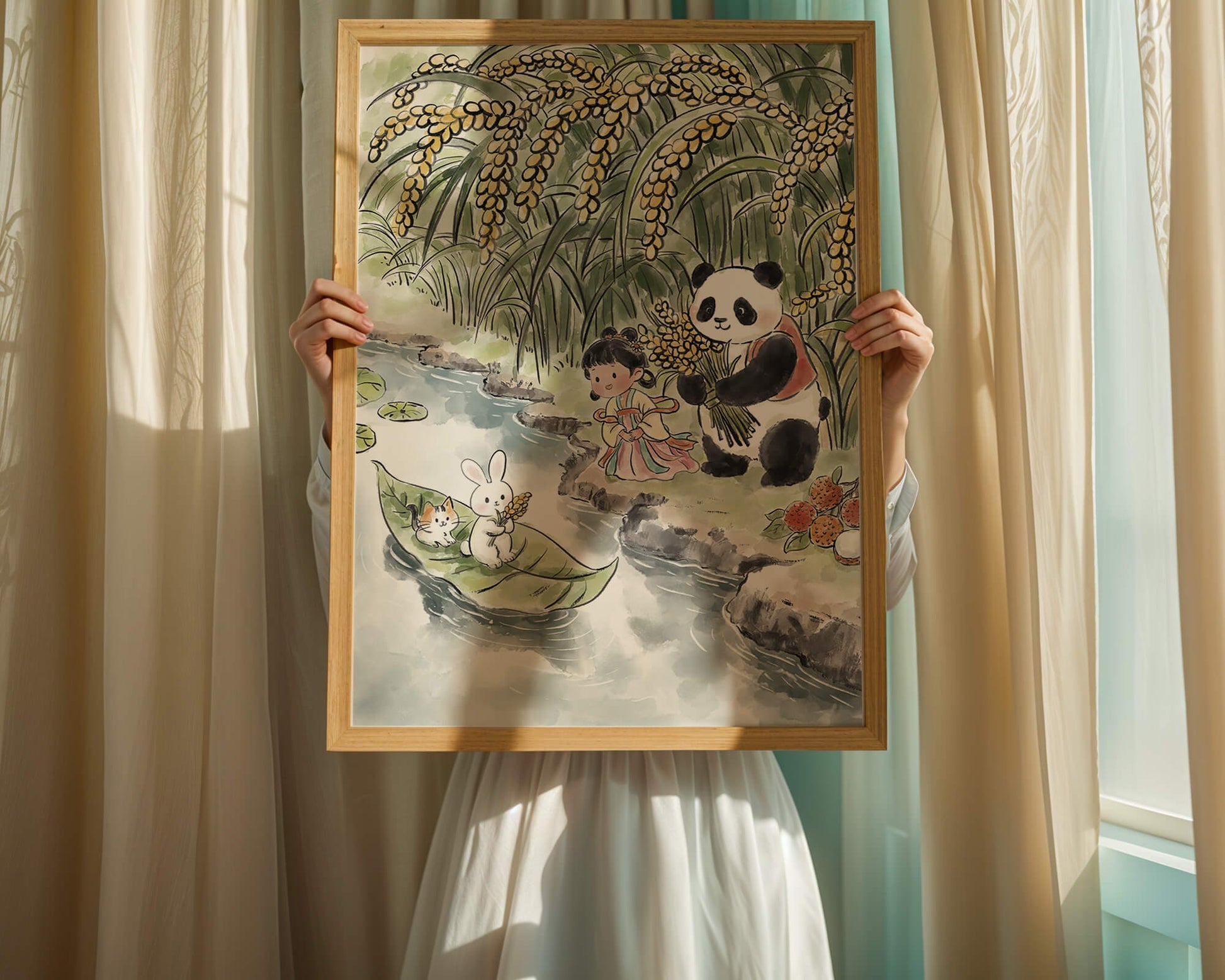 Escena caprichosa con un panda y un conejo junto al río